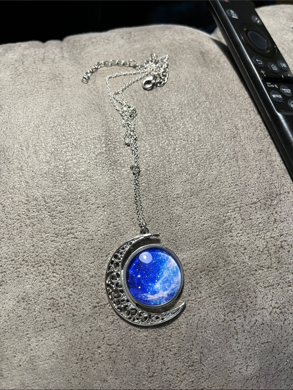 Silver Crescent Moon Necklace with Blue Galaxy Pendant 1722